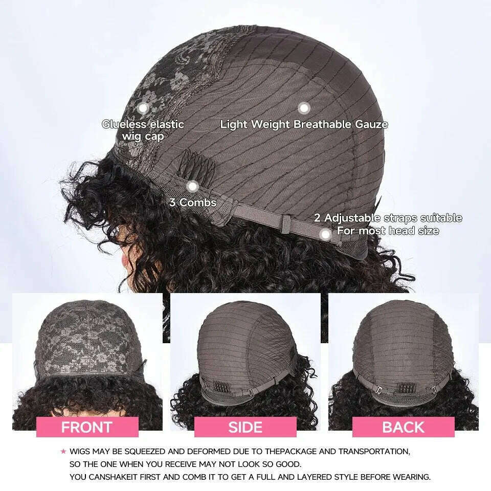 KIMLUD, Short Curly Wave 100% Human Hair Wig With Bangs For Women Full Machine Made Kinky Curly Hair Wig With Bangs Wear Go Glueless Wig, KIMLUD Womens Clothes