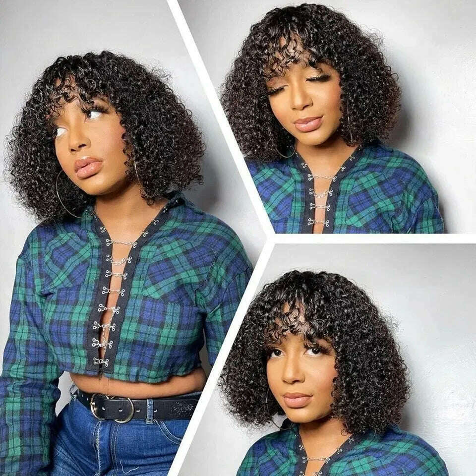 KIMLUD, Short Curly Wave 100% Human Hair Wig With Bangs For Women Full Machine Made Kinky Curly Hair Wig With Bangs Wear Go Glueless Wig, KIMLUD Womens Clothes