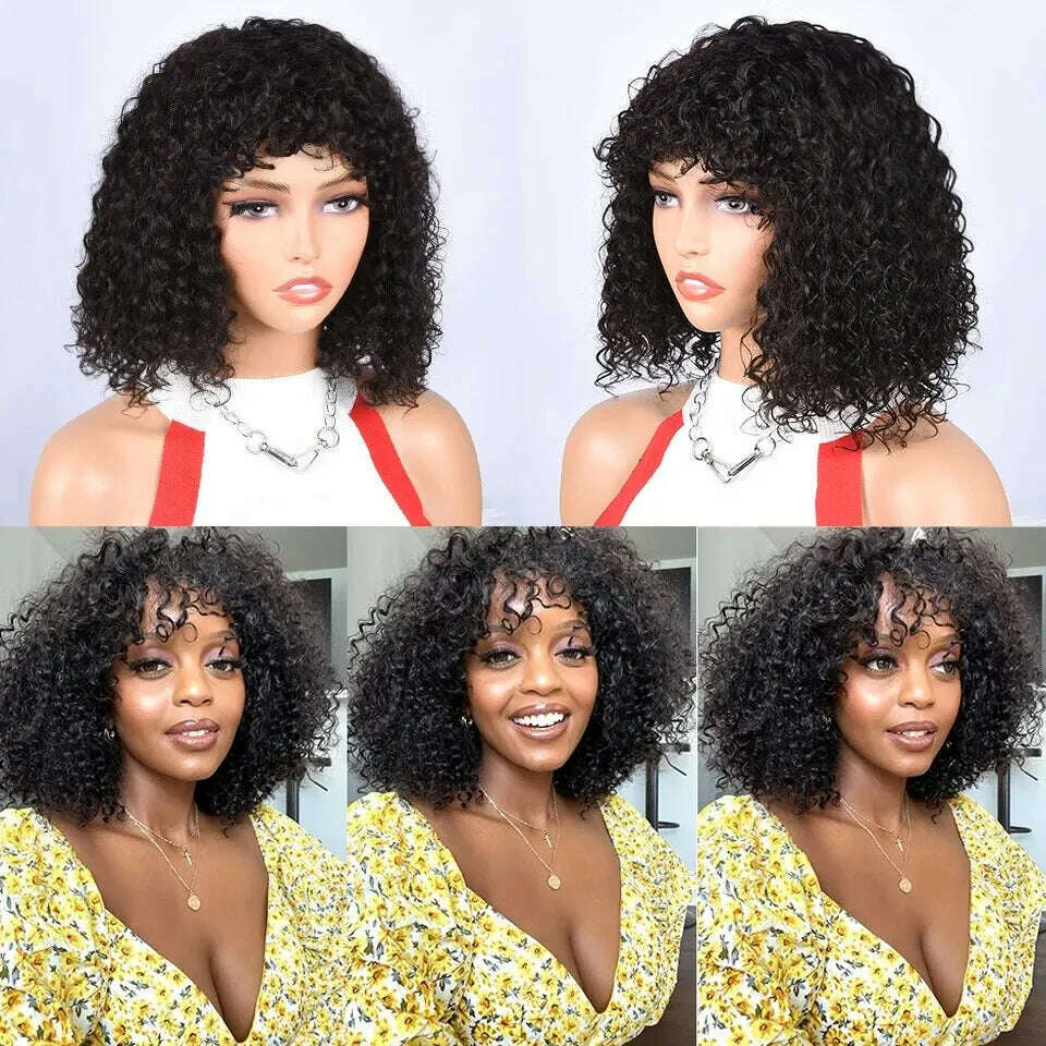 KIMLUD, Short Curly Wave 100% Human Hair Wig With Bangs For Women Full Machine Made Kinky Curly Hair Wig With Bangs Wear Go Glueless Wig, KIMLUD Womens Clothes