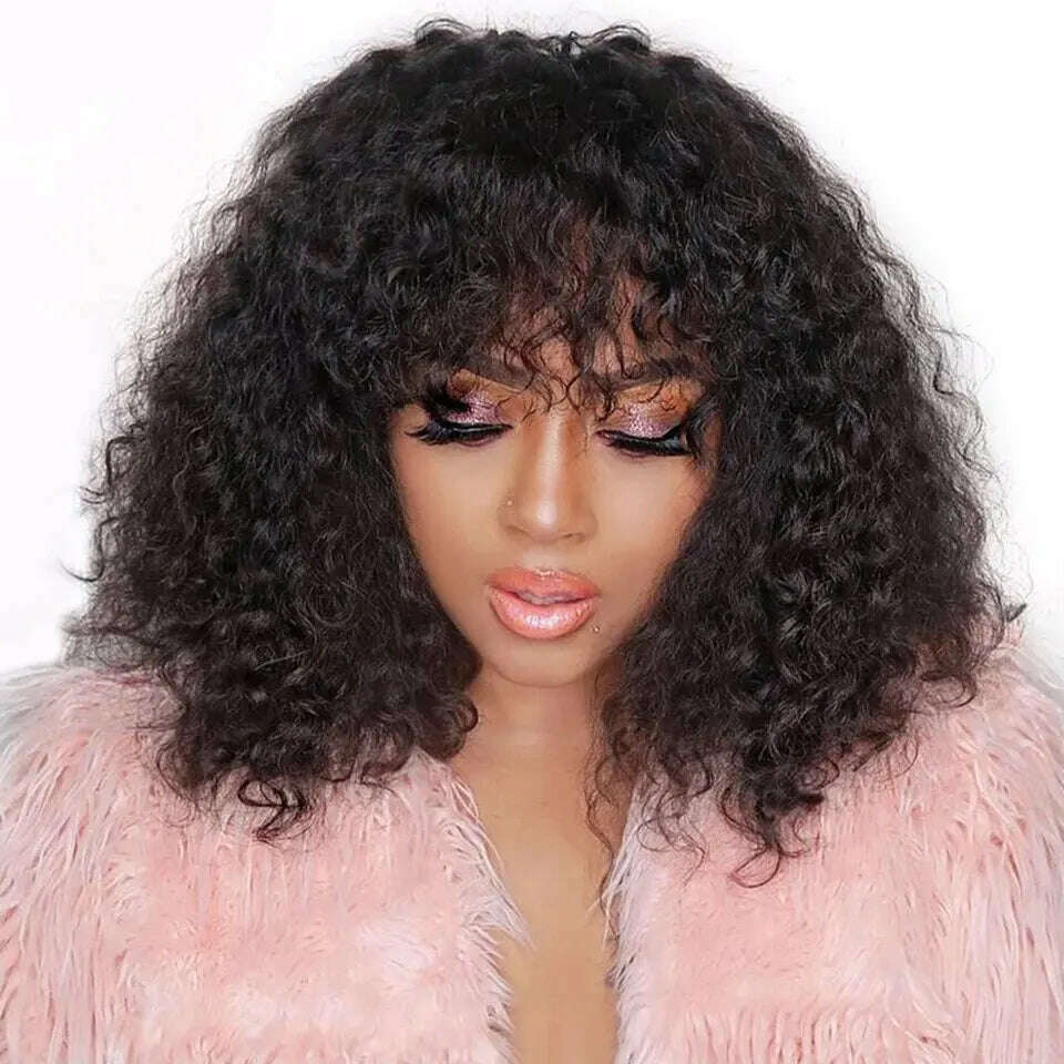 KIMLUD, Short Curly Wave 100% Human Hair Wig With Bangs For Women Full Machine Made Kinky Curly Hair Wig With Bangs Wear Go Glueless Wig, 14inches / Natural Color, KIMLUD APPAREL - Womens Clothes