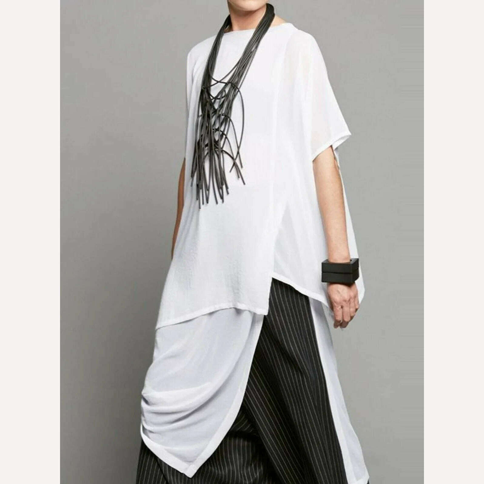 KIMLUD, Short Sleeve Women Top Irregular Trim Slit Top Round Neck Casual Solid Vintage Streetwear Fashion Summer Long Tshirt Female Top, KIMLUD Womens Clothes