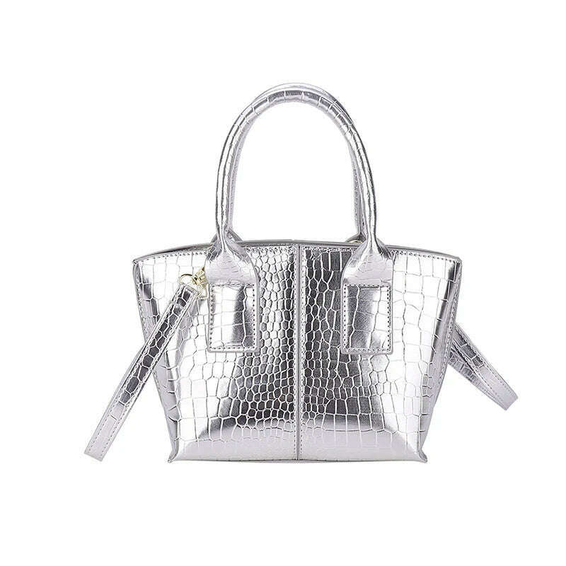 KIMLUD, Shoulder Crossbody Bags For Women 2023 Luxury Designer Handbags Crocodile Pattern Glace Leather Golden Hardware Ladies Mini Tote, Silver, KIMLUD APPAREL - Womens Clothes