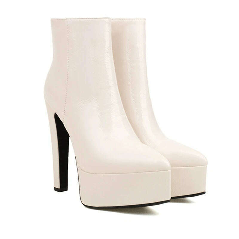 KIMLUD, Side Zipper Patent Leather Pointed Toe Chunky Platform Ankle Boots Super High Thin Heels Solid Color Soft Sole Women Short Boots, Beige / 34 / CHINA, KIMLUD APPAREL - Womens Clothes