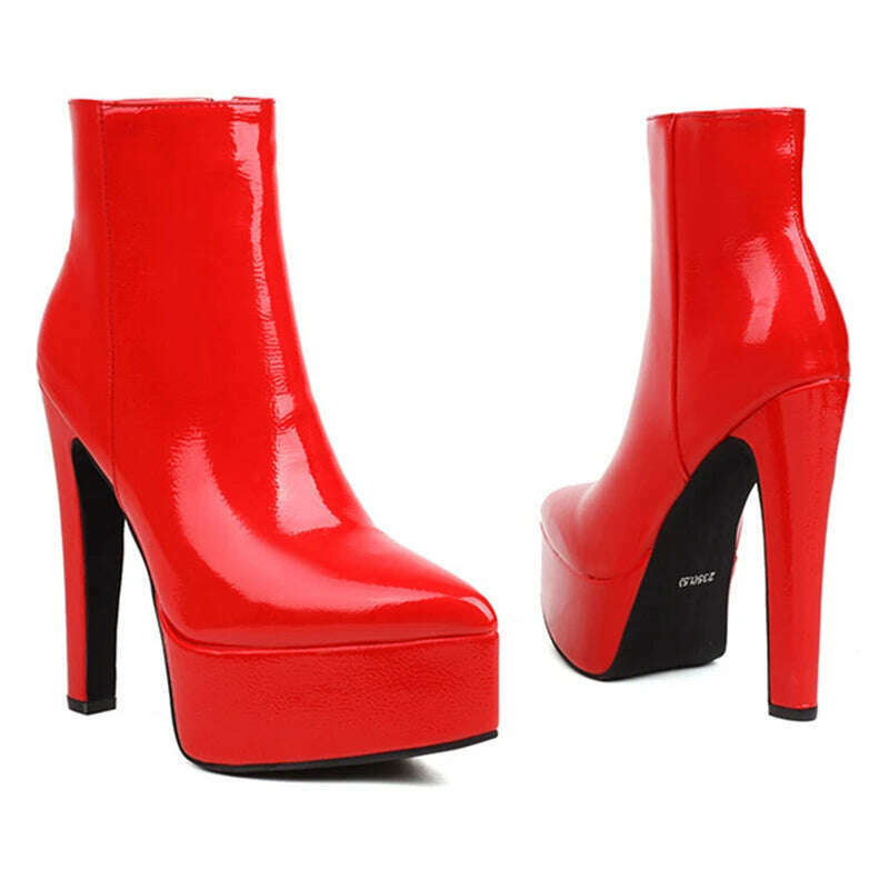 KIMLUD, Side Zipper Patent Leather Pointed Toe Chunky Platform Ankle Boots Super High Thin Heels Solid Color Soft Sole Women Short Boots, Red / 34 / CHINA, KIMLUD APPAREL - Womens Clothes