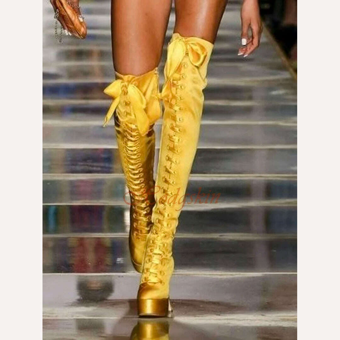 KIMLUD, Silk Cross Tied Thigh High Boots Round Toe Platform Chunky High Heels Lace Up Solid Boots Women Sexy Shoes New Style Designer, as pic 4 / 35, KIMLUD APPAREL - Womens Clothes