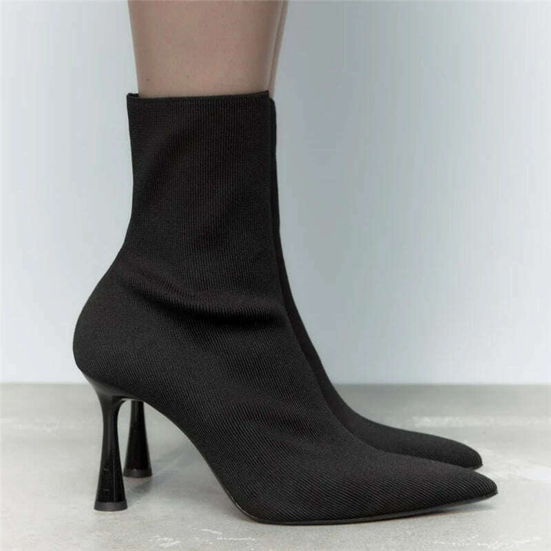 KIMLUD, Silk Upper Thin Heels Solid Color Slip-On Ankle Boots Fashion Super High Heels Pointed Toe Outdoor Soft Sole Women Short Boots, KIMLUD Womens Clothes