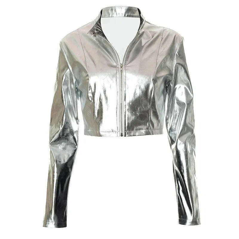 KIMLUD, Silver Metallic Bomber PU Faux Leather Jackets for Women 2022 Autumn Streetwear Fashion Zip Up Cropped Coats Outwear, KIMLUD Womens Clothes