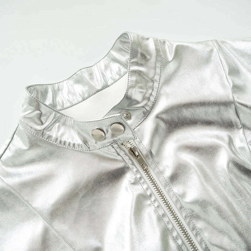 KIMLUD, Silver Metallic Bomber PU Faux Leather Jackets for Women 2022 Autumn Streetwear Fashion Zip Up Cropped Coats Outwear, KIMLUD Womens Clothes