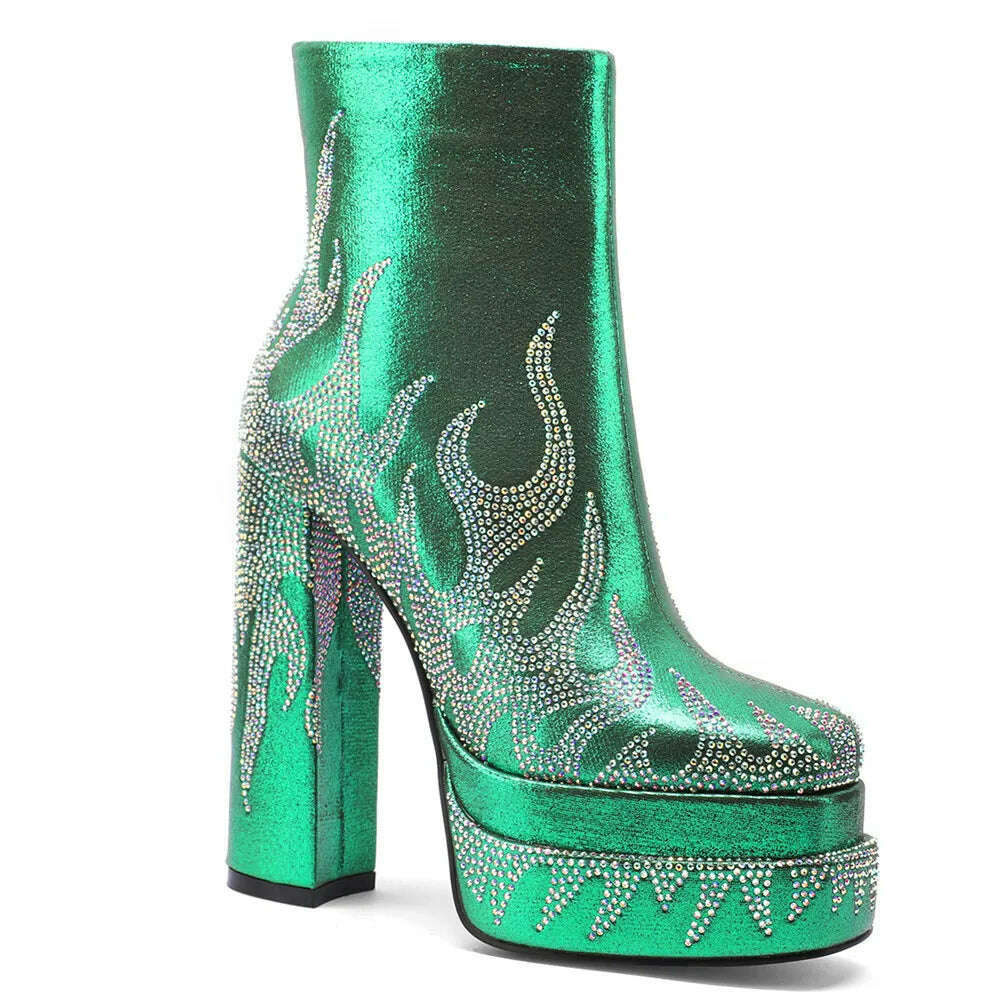 KIMLUD, Silvery Women Ankle Boots for Woman Round Toe Thick Bottom Crude Heel Platform Botas Mujer Luxury Flame Rhinestone Party Shoes, KIMLUD Womens Clothes