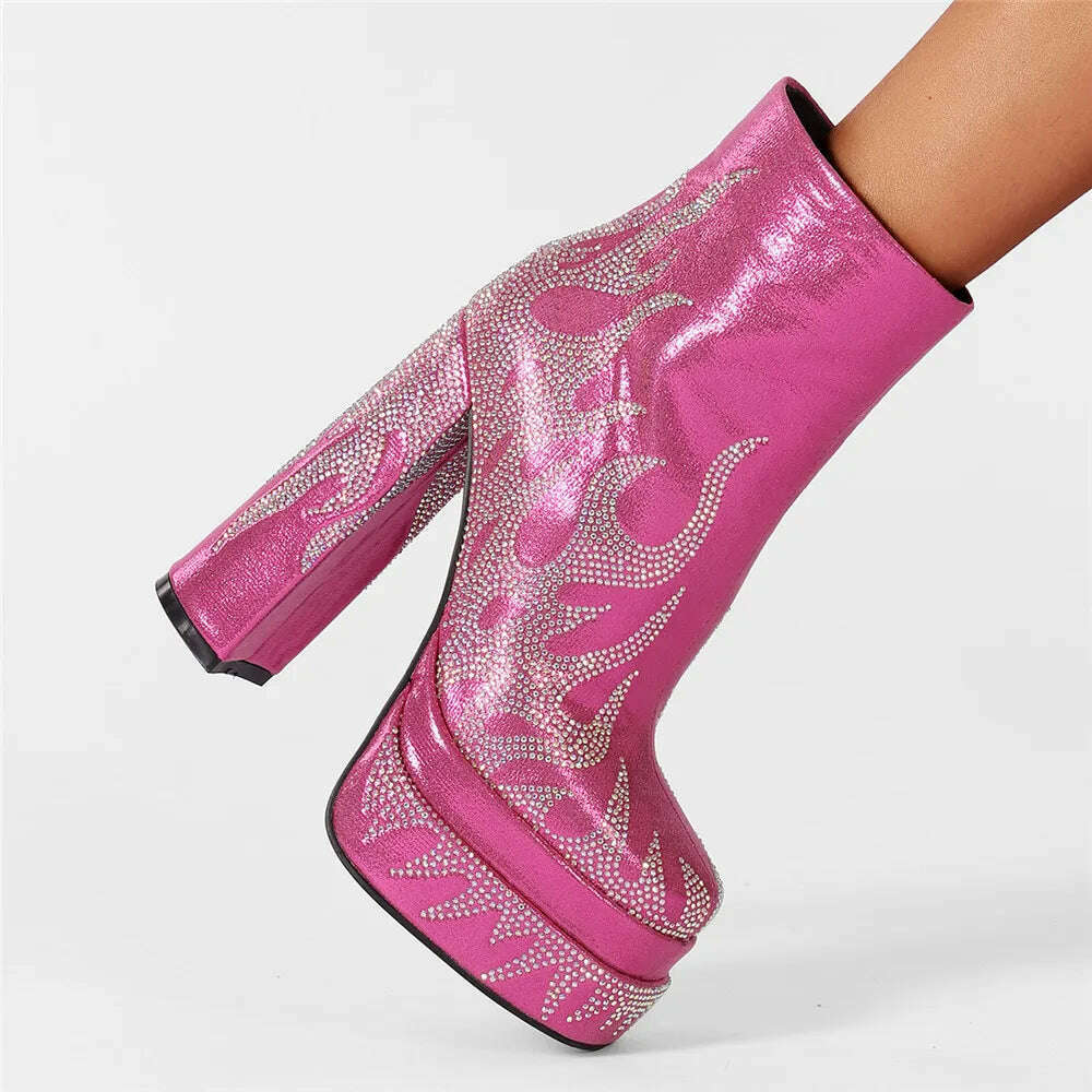 KIMLUD, Silvery Women Ankle Boots for Woman Round Toe Thick Bottom Crude Heel Platform Botas Mujer Luxury Flame Rhinestone Party Shoes, KIMLUD Womens Clothes