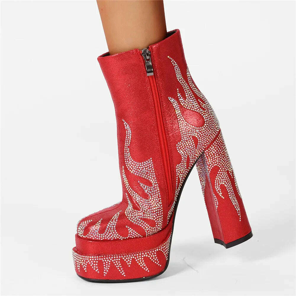 KIMLUD, Silvery Women Ankle Boots for Woman Round Toe Thick Bottom Crude Heel Platform Botas Mujer Luxury Flame Rhinestone Party Shoes, KIMLUD Womens Clothes