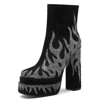 KIMLUD, Silvery Women Ankle Boots for Woman Round Toe Thick Bottom Crude Heel Platform Botas Mujer Luxury Flame Rhinestone Party Shoes, black silver / 36, KIMLUD APPAREL - Womens Clothes