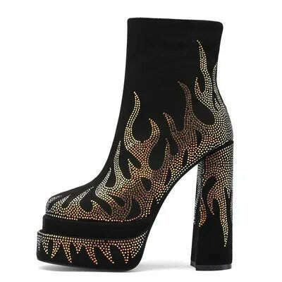 KIMLUD, Silvery Women Ankle Boots for Woman Round Toe Thick Bottom Crude Heel Platform Botas Mujer Luxury Flame Rhinestone Party Shoes, black black / 36, KIMLUD APPAREL - Womens Clothes