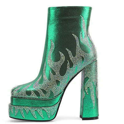 KIMLUD, Silvery Women Ankle Boots for Woman Round Toe Thick Bottom Crude Heel Platform Botas Mujer Luxury Flame Rhinestone Party Shoes, green / 36, KIMLUD APPAREL - Womens Clothes