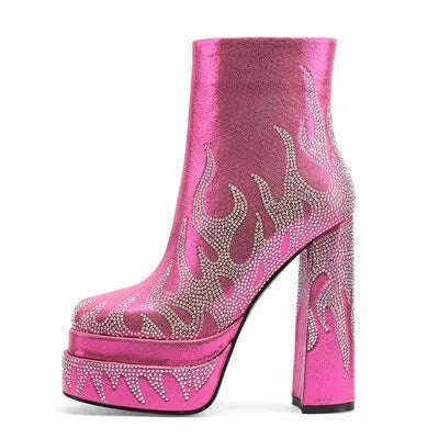 KIMLUD, Silvery Women Ankle Boots for Woman Round Toe Thick Bottom Crude Heel Platform Botas Mujer Luxury Flame Rhinestone Party Shoes, Red / 36, KIMLUD APPAREL - Womens Clothes