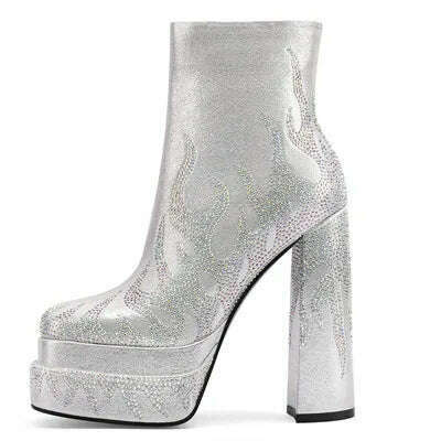 KIMLUD, Silvery Women Ankle Boots for Woman Round Toe Thick Bottom Crude Heel Platform Botas Mujer Luxury Flame Rhinestone Party Shoes, Silver / 36, KIMLUD APPAREL - Womens Clothes