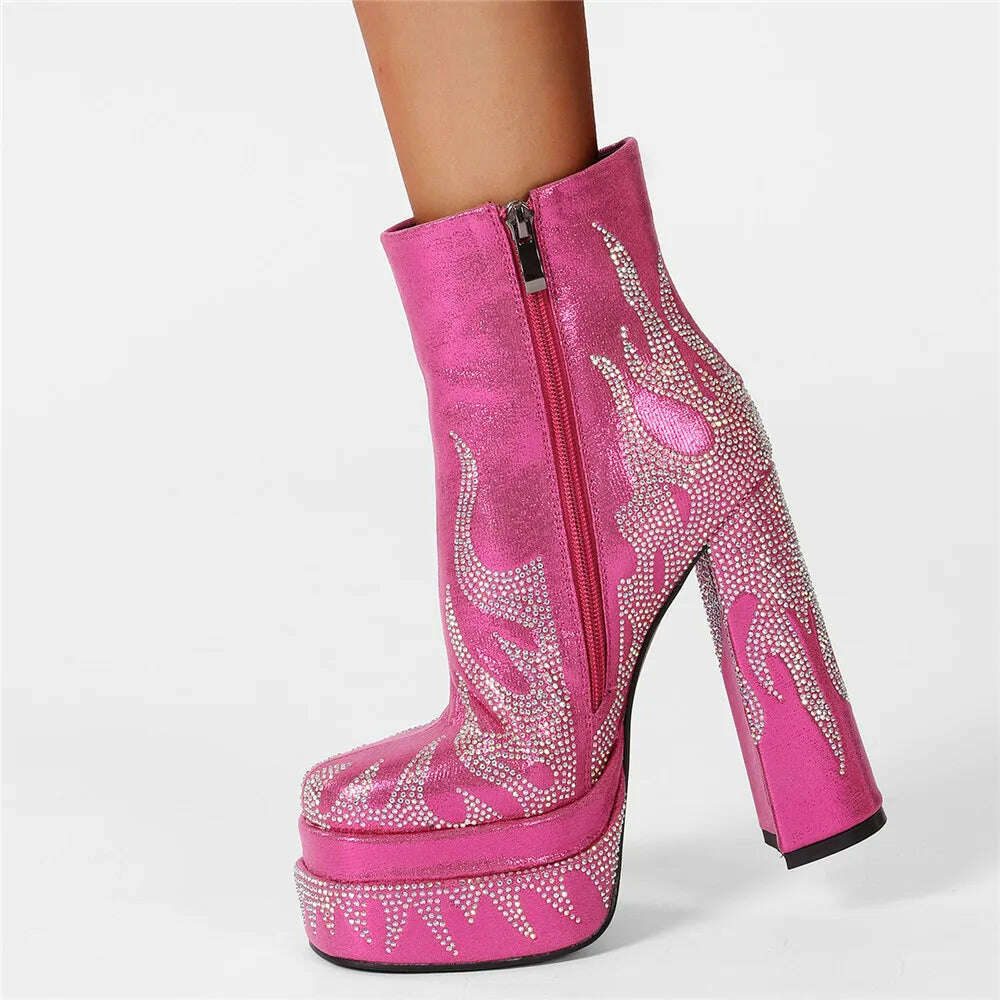 KIMLUD, Silvery Women Ankle Boots for Woman Round Toe Thick Bottom Crude Heel Platform Botas Mujer Luxury Flame Rhinestone Party Shoes, KIMLUD Womens Clothes