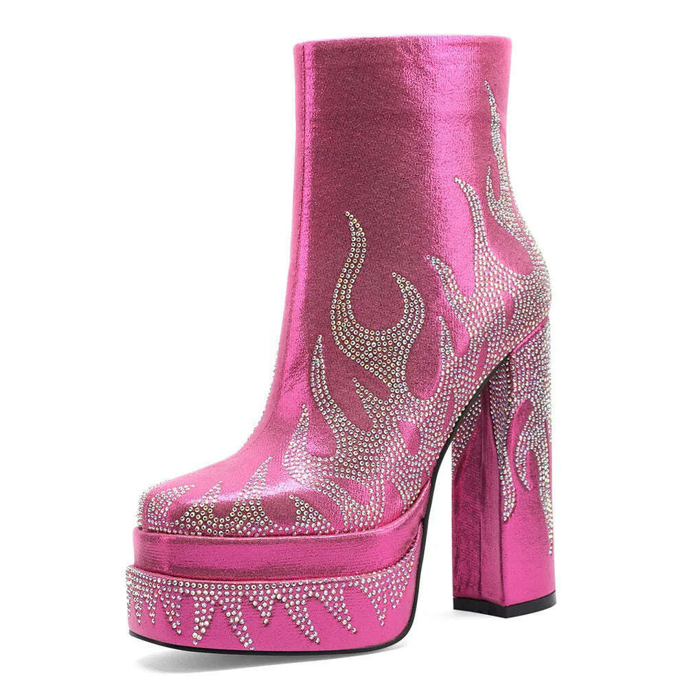KIMLUD, Silvery Women Ankle Boots for Woman Round Toe Thick Bottom Crude Heel Platform Botas Mujer Luxury Flame Rhinestone Party Shoes, KIMLUD Womens Clothes