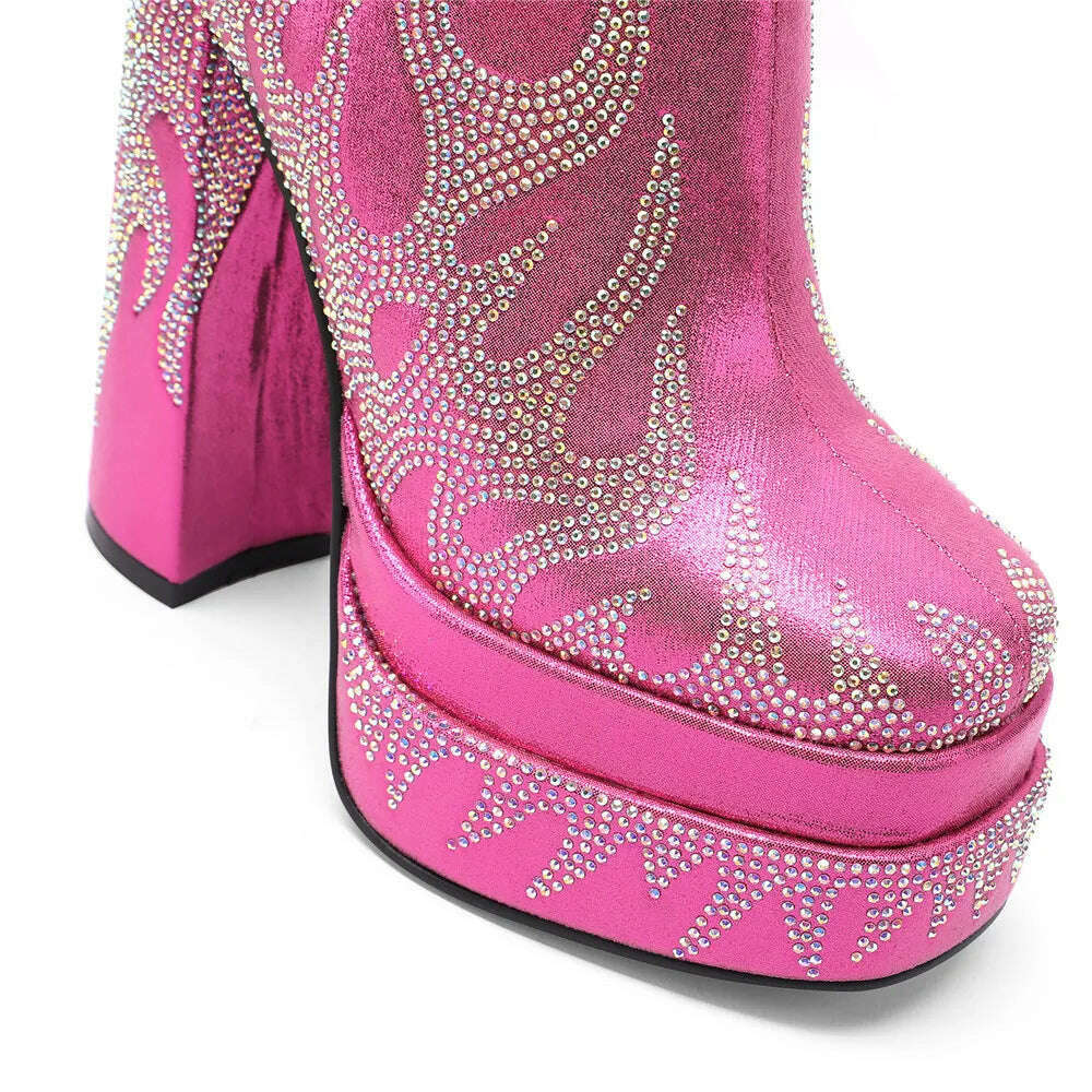 KIMLUD, Silvery Women Ankle Boots for Woman Round Toe Thick Bottom Crude Heel Platform Botas Mujer Luxury Flame Rhinestone Party Shoes, KIMLUD Womens Clothes
