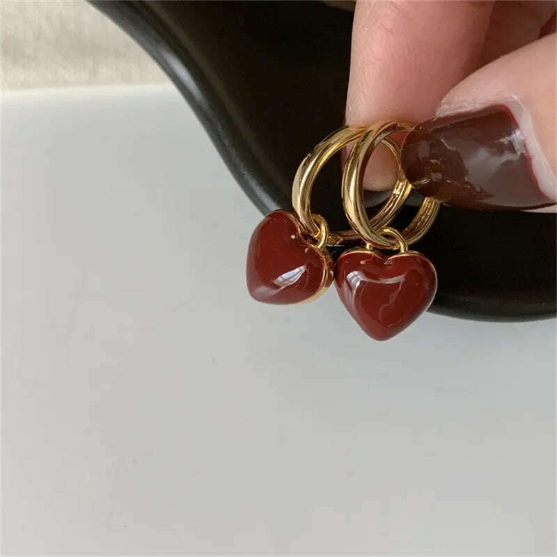 KIMLUD, Simple Design Wine Red Love Heart Dangle Earrings For Women Gold Color Circle Vintage Peach Drop Earring Can Be Separated N513, One Pair, KIMLUD Womens Clothes