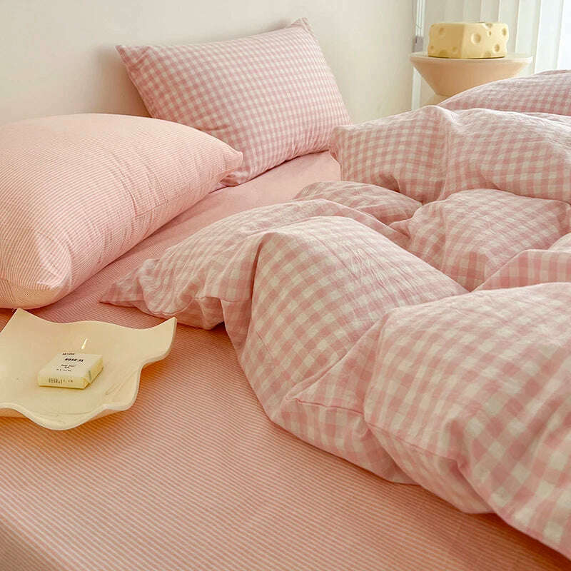 Simple Pink Stripe Bedding Set Washed Cotton Bed Flat Sheet Pillowcase Full Queen Bed Linen Adult Kids Duvet Cover Set No Filler - KIMLUD