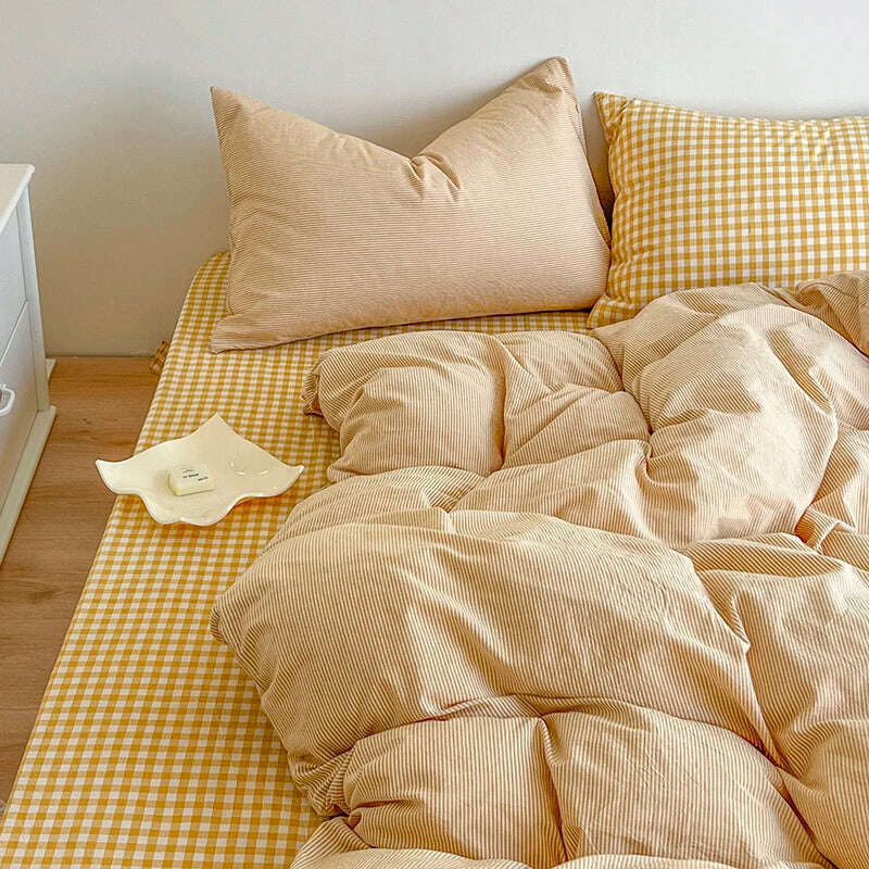 Simple Pink Stripe Bedding Set Washed Cotton Bed Flat Sheet Pillowcase Full Queen Bed Linen Adult Kids Duvet Cover Set No Filler - KIMLUD