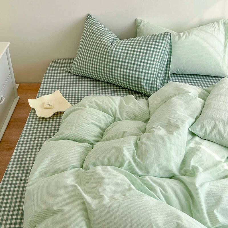 Simple Pink Stripe Bedding Set Washed Cotton Bed Flat Sheet Pillowcase Full Queen Bed Linen Adult Kids Duvet Cover Set No Filler - KIMLUD