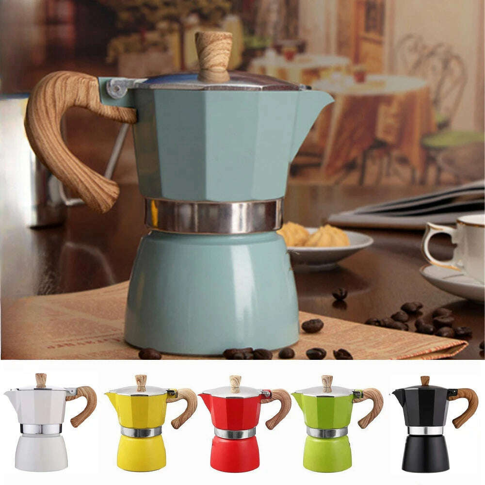 Single Valve Octagonal Coffee Pot Aluminum Moka Pot Extraction for Italian Coffee Machine with Anti-scald Wood Handle 150/300ml - KIMLUD