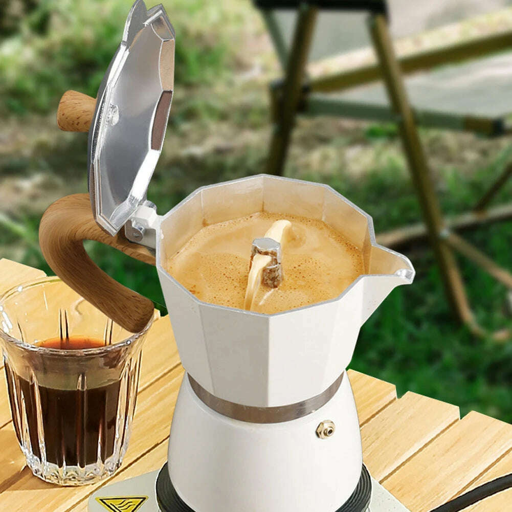 Single Valve Octagonal Coffee Pot Aluminum Moka Pot Extraction for Italian Coffee Machine with Anti-scald Wood Handle 150/300ml - KIMLUD