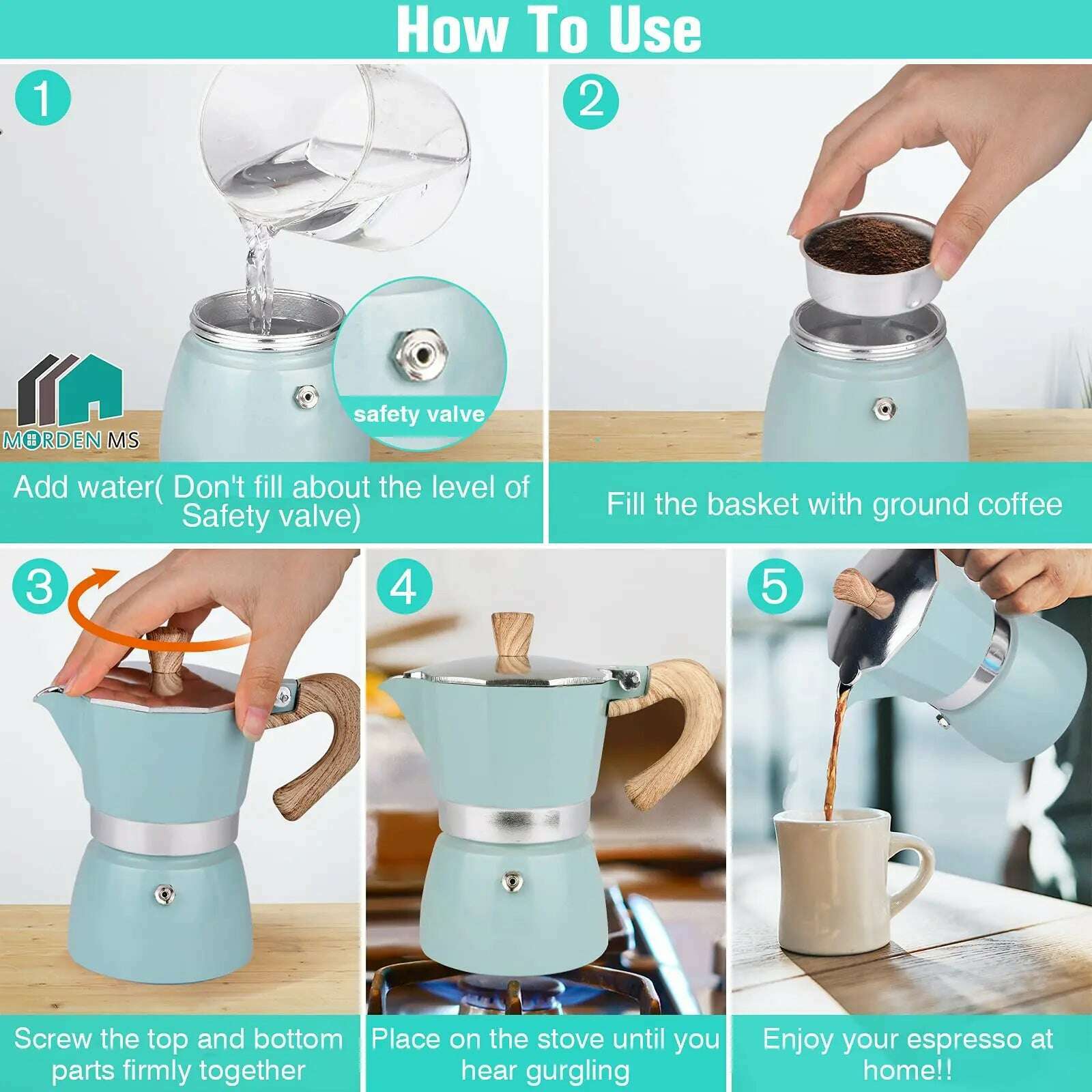 Single Valve Octagonal Coffee Pot Aluminum Moka Pot Extraction for Italian Coffee Machine with Anti-scald Wood Handle 150/300ml - KIMLUD