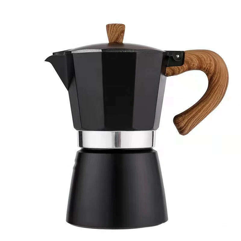 Single Valve Octagonal Coffee Pot Aluminum Moka Pot Extraction for Italian Coffee Machine with Anti-scald Wood Handle 150/300ml - KIMLUD