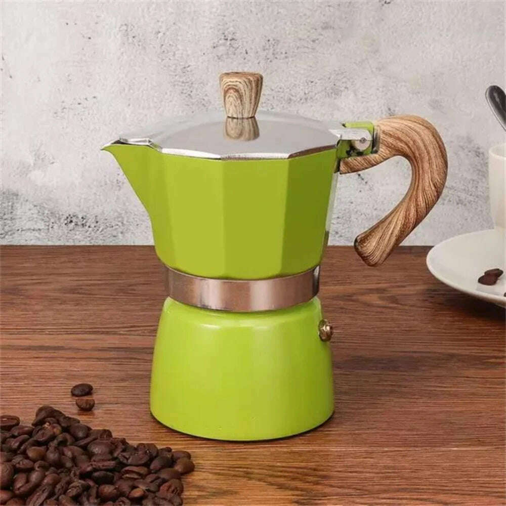 Single Valve Octagonal Coffee Pot Aluminum Moka Pot Extraction for Italian Coffee Machine with Anti-scald Wood Handle 150/300ml - KIMLUD