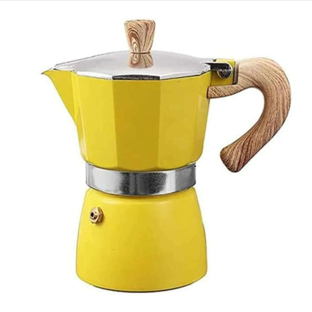 Single Valve Octagonal Coffee Pot Aluminum Moka Pot Extraction for Italian Coffee Machine with Anti-scald Wood Handle 150/300ml - KIMLUD