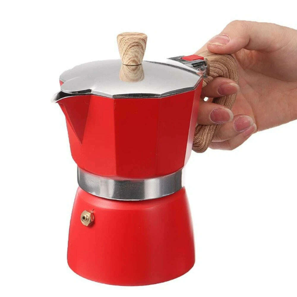Single Valve Octagonal Coffee Pot Aluminum Moka Pot Extraction for Italian Coffee Machine with Anti-scald Wood Handle 150/300ml - KIMLUD
