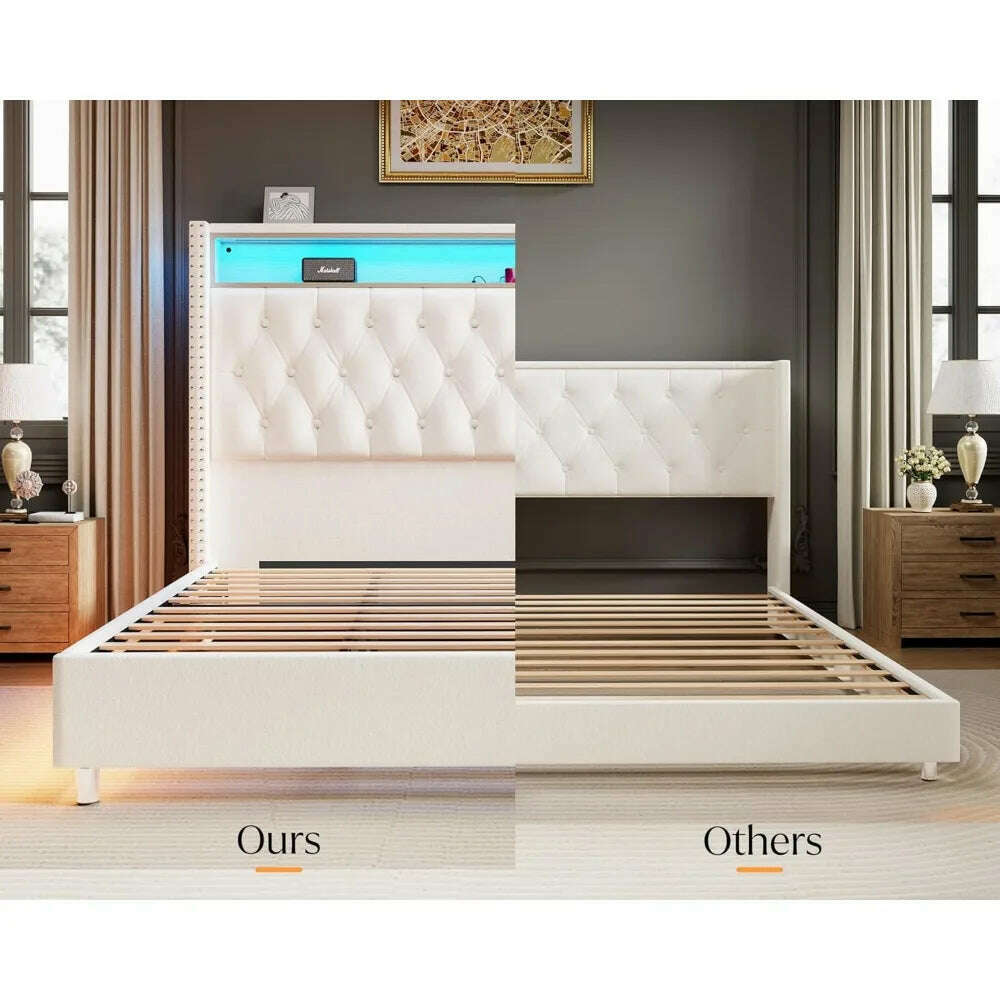 KIMLUD, Size Bed Frame 53.6'' Tall Headboard LED Lights and Charging Station, Velvet Hign Upholstered Platform Bed Wingb, KIMLUD Womens Clothes