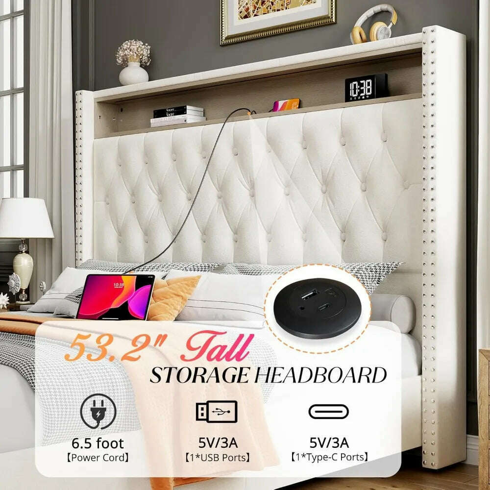 KIMLUD, Size Bed Frame 53.6'' Tall Headboard LED Lights and Charging Station, Velvet Hign Upholstered Platform Bed Wingb, KIMLUD Womens Clothes