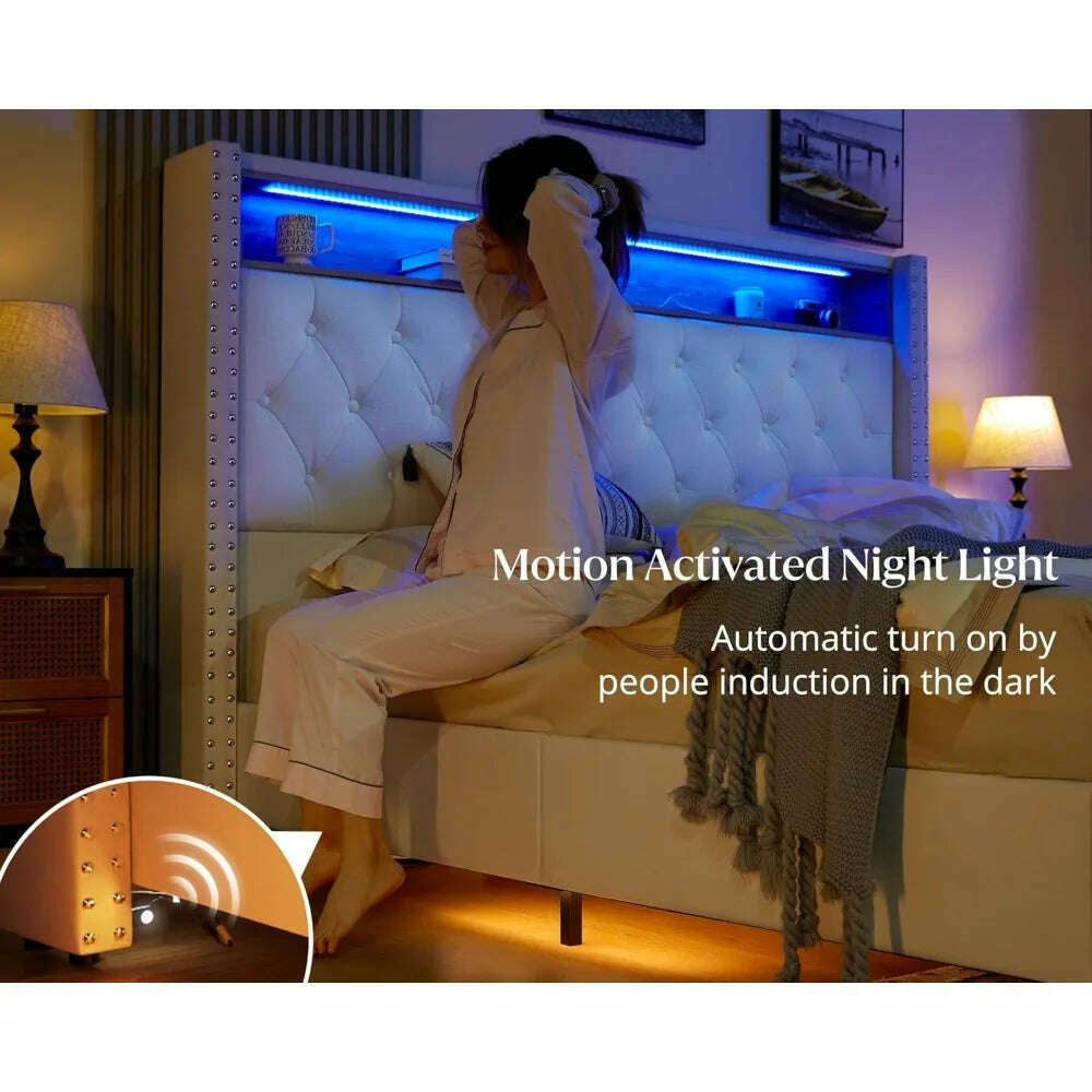 KIMLUD, Size Bed Frame 53.6'' Tall Headboard LED Lights and Charging Station, Velvet Hign Upholstered Platform Bed Wingb, KIMLUD Womens Clothes