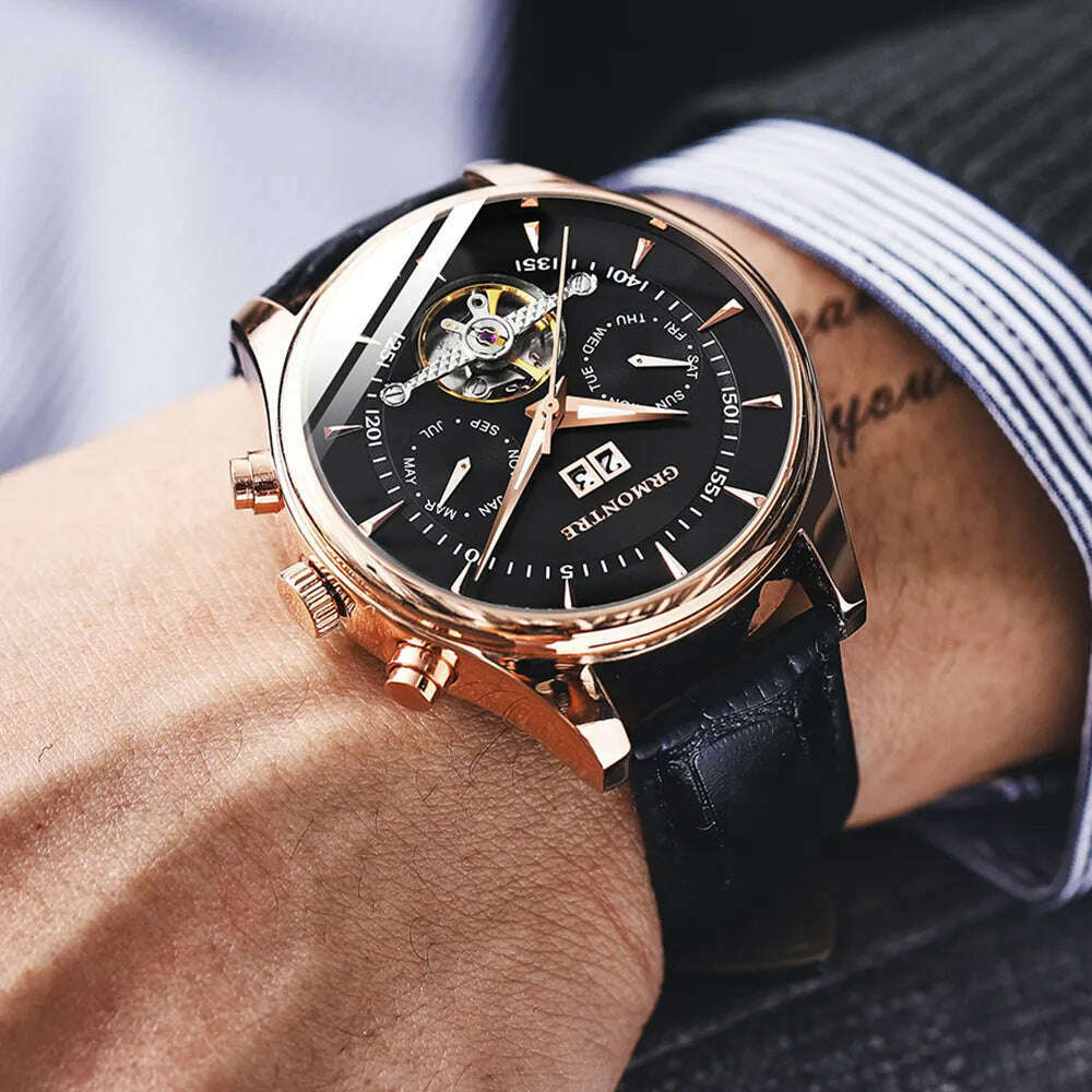 KIMLUD, Skeleton Tourbillon Mechanical Watch Men Automatic Classic Rose Gold Leather Mechanical Wrist Watches Reloj Hombre 2018 Luxury, KIMLUD Womens Clothes