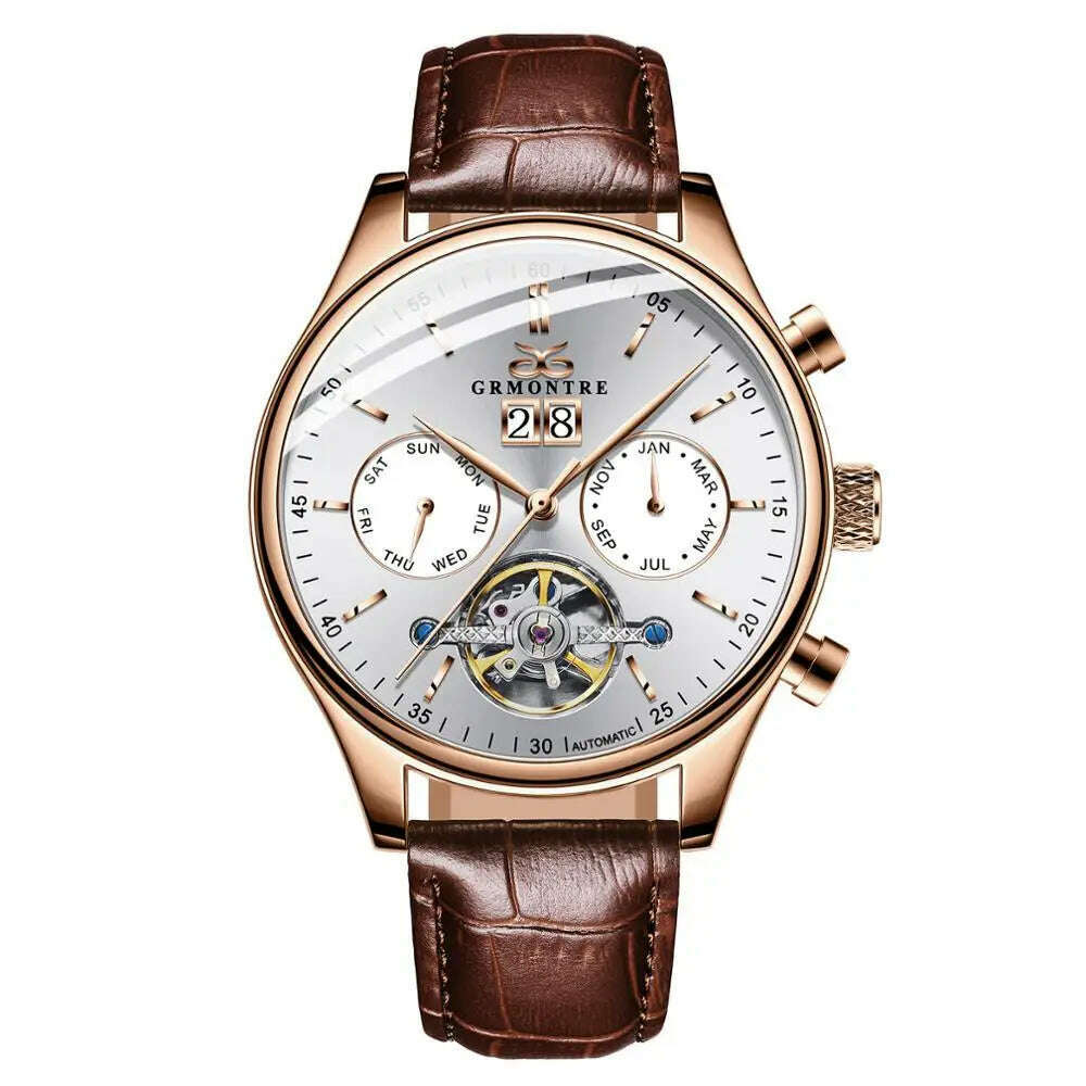 Skeleton Tourbillon Mechanical Watch Men Automatic Classic Rose Gold Leather Mechanical Wrist Watches Reloj Hombre 2018 Luxury - KIMLUD