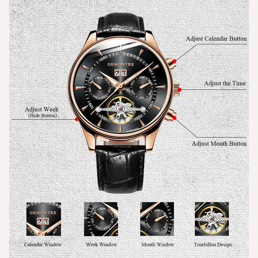 Skeleton Tourbillon Mechanical Watch Men Automatic Classic Rose Gold Leather Mechanical Wrist Watches Reloj Hombre 2018 Luxury - KIMLUD
