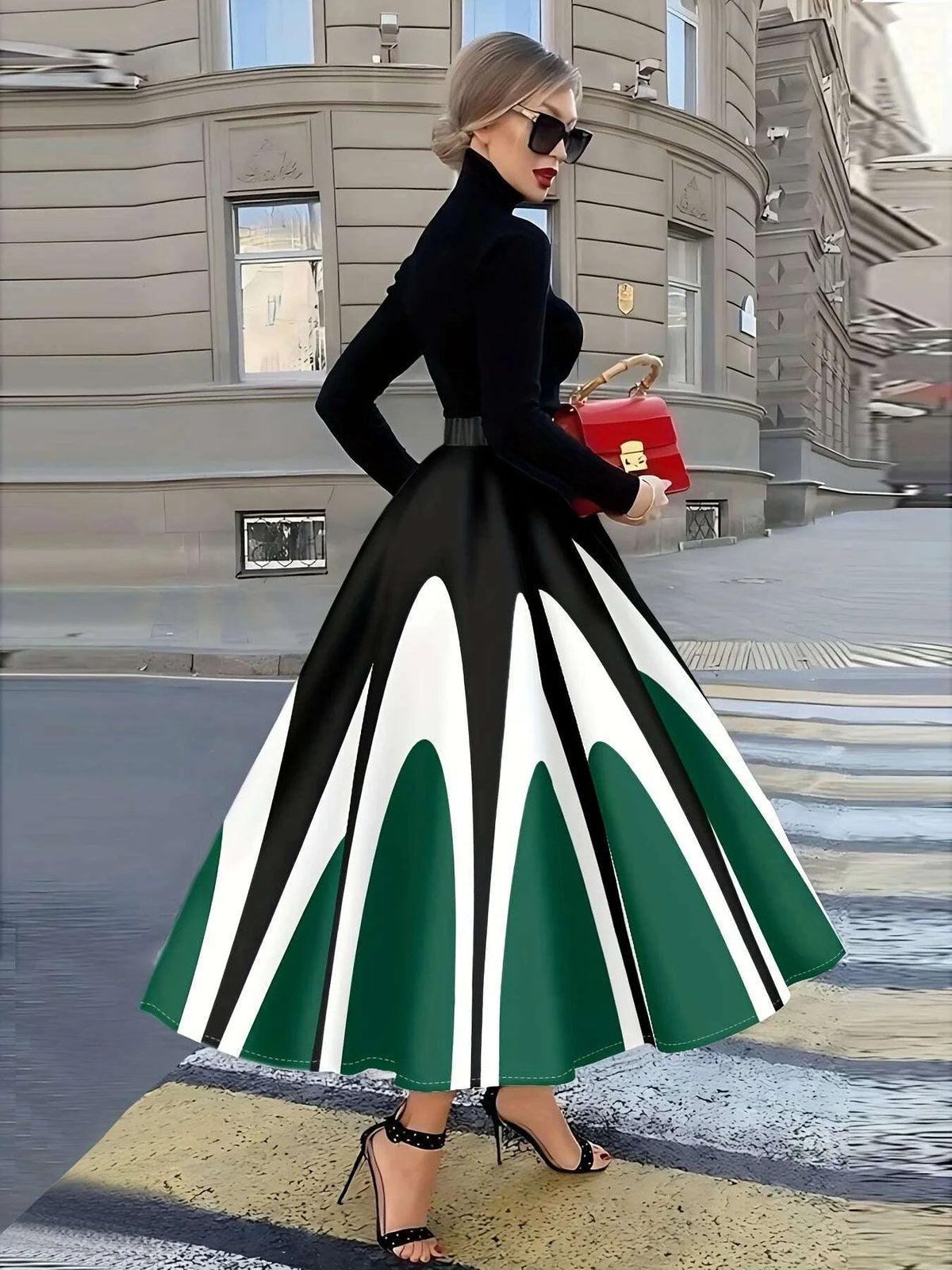 Skirt - Striped Pattern - Polyester - Black White Green Stripes | KIMLUD