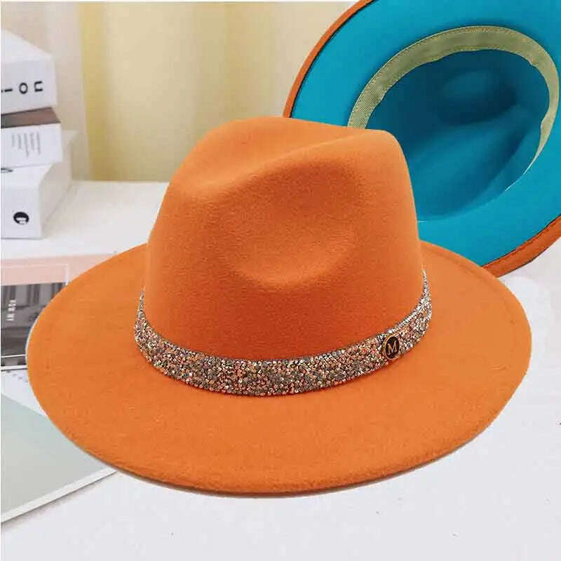Sky Blue Diamond Band Wool Fedora Hats For Women Jazz Cap Belt Unisex Colorful Fedoras Hat Fashion Church Hat Bucket Hats шапка - KIMLUD