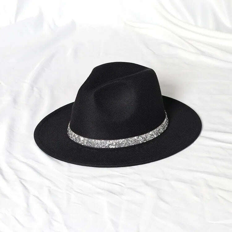 Sky Blue Diamond Band Wool Fedora Hats For Women Jazz Cap Belt Unisex Colorful Fedoras Hat Fashion Church Hat Bucket Hats шапка - KIMLUD