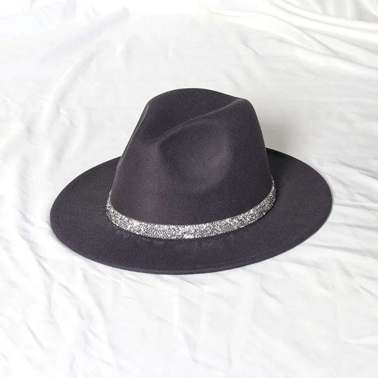 Sky Blue Diamond Band Wool Fedora Hats For Women Jazz Cap Belt Unisex Colorful Fedoras Hat Fashion Church Hat Bucket Hats шапка - KIMLUD