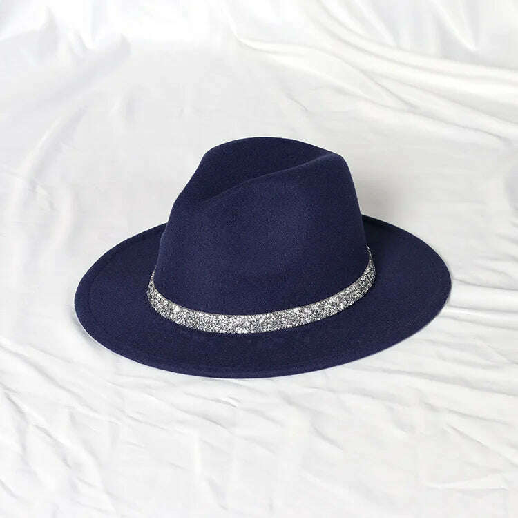 Sky Blue Diamond Band Wool Fedora Hats For Women Jazz Cap Belt Unisex Colorful Fedoras Hat Fashion Church Hat Bucket Hats шапка - KIMLUD