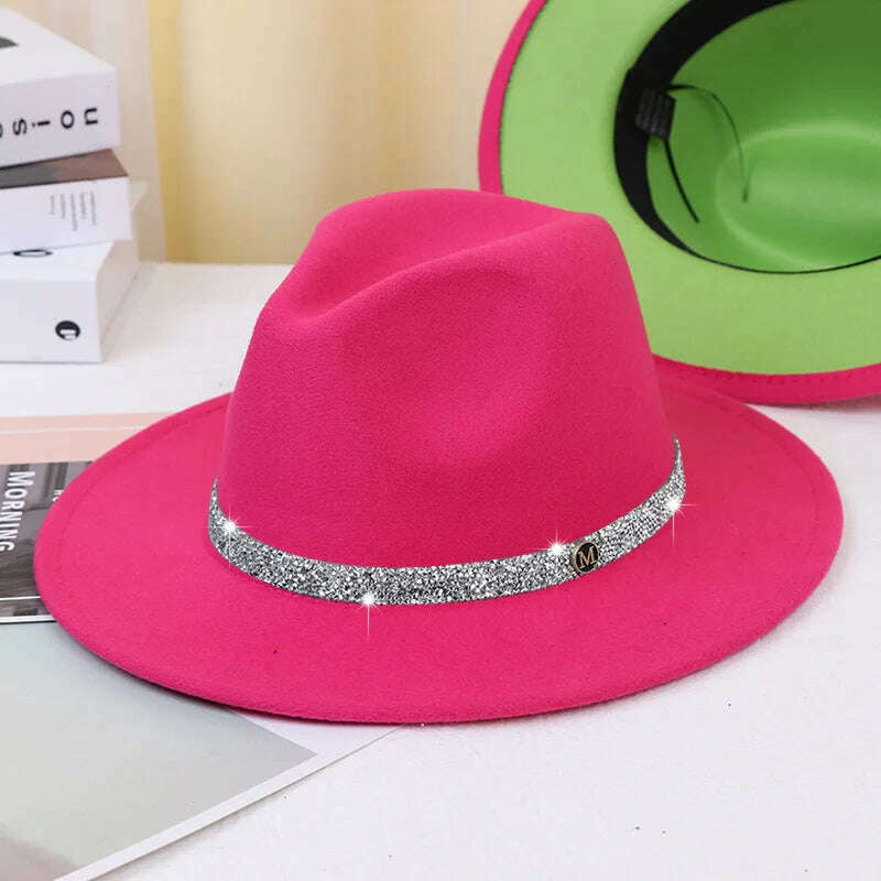 Sky Blue Diamond Band Wool Fedora Hats For Women Jazz Cap Belt Unisex Colorful Fedoras Hat Fashion Church Hat Bucket Hats шапка - KIMLUD