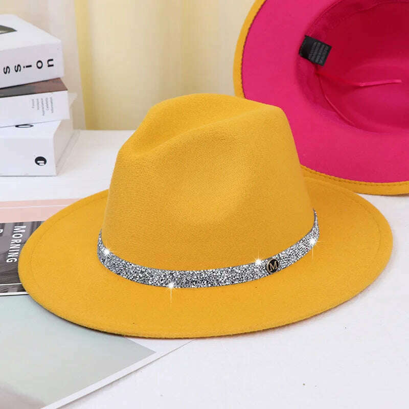 Sky Blue Diamond Band Wool Fedora Hats For Women Jazz Cap Belt Unisex Colorful Fedoras Hat Fashion Church Hat Bucket Hats шапка - KIMLUD