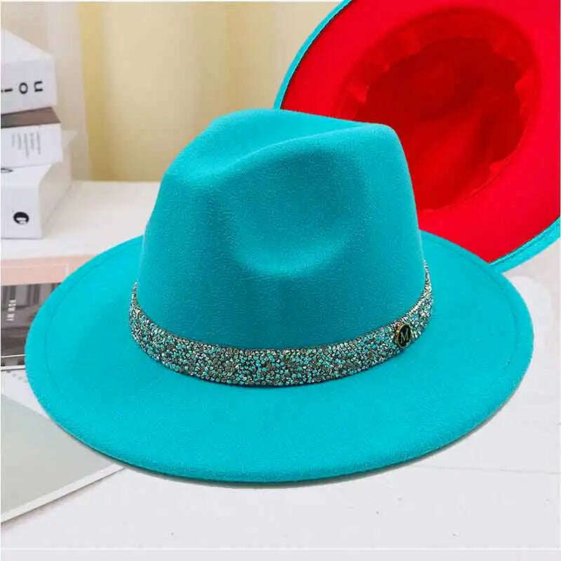 Sky Blue Diamond Band Wool Fedora Hats For Women Jazz Cap Belt Unisex Colorful Fedoras Hat Fashion Church Hat Bucket Hats шапка - KIMLUD