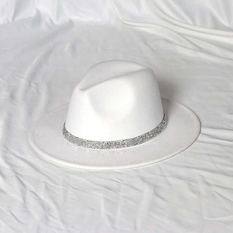 Sky Blue Diamond Band Wool Fedora Hats For Women Jazz Cap Belt Unisex Colorful Fedoras Hat Fashion Church Hat Bucket Hats шапка - KIMLUD