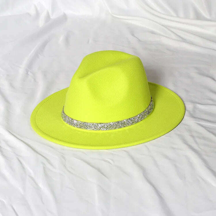 Sky Blue Diamond Band Wool Fedora Hats For Women Jazz Cap Belt Unisex Colorful Fedoras Hat Fashion Church Hat Bucket Hats шапка - KIMLUD